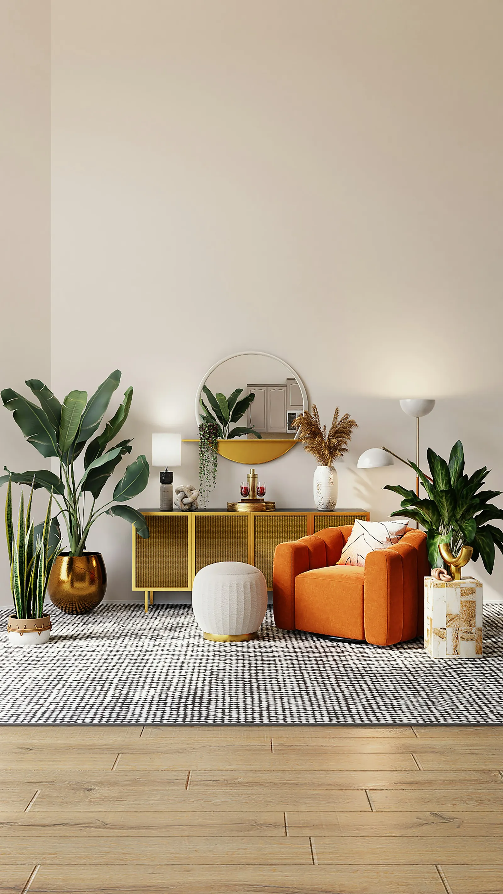 Sala de estar com sofá claro e plantas